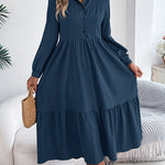 High Waisted Long Sleeves Pleated Ruffled Solid Color Lapel Midi Dresses Shirt Dress
