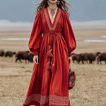 Western-style Vintage Embroidered Red Cotton And Linen Maxi Dress