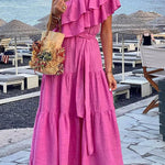 Cotton Blend Ruffle One Shoulder Belt Maxi Dress