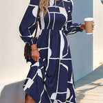 A-Line High Waisted Elasticity Printed Split-Joint Round-Neck Midi Dresses