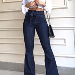 Flared Pants High Waisted Solid Color Tied Waist Jean Pants Bottoms