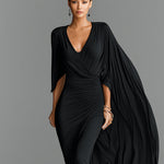 Women's Black Stretch Jersey Dress With Deep V-Neck & Cape Sleeve, Timeless Dramatic-Luxe Style Dress