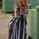 Batwing Sleeves Loose Printed Split-Side Striped V-Neck Beach Cover-Up Maxi Dresses