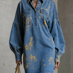 Casual Plain Raglan Sleeves Denim Shirt Collar Mini Dress