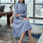 A-Line Bodycon Asymmetric Pleated Pockets Solid Color Split-Joint Stand Collar Midi Dresses