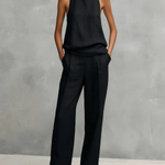 Women's Elegant Black Cotton And Linen Round-neck Sleeveless Top And Trousers Set