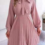 Long Sleeves Loose Pleated Solid Color Tied Mock Neck Mini Dresses