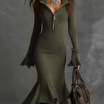 Retro Zipper Neck Trumpet Sleeve Knitted Midi Dress