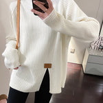 Long Sleeves Loose Split-Front Mock Neck Pullovers Sweater Tops