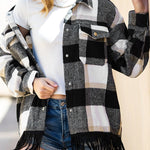 Plaid Snap Button Pocket Fringed Hem Shacket