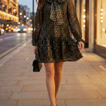 Long Sleeves Puff Sleeves Pleated Polka Dot Shiny Split-Joint High Neck Mini Dresses