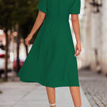 A-Line High Waisted Elasticity Knot Pleated Solid Color Split-Joint V-Neck Midi Dresses