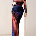 Bodycon High Waisted Contrast Color Pleated Printed Split-Joint Round-Neck Maxi Dresses