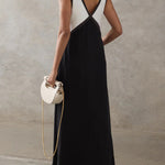 Loose Sleeveless Contrast Color Split-Joint Deep V-Neck Maxi Dresses