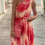 Floral Print One Shoulder Waist Tie Full Hem Resort Style Maxi Dress