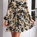 High Waisted Long Sleeves Flower Print Pleated Tied Waist Mock Neck Mini Dresses