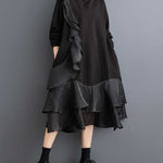 A-Line Long Sleeves Contrast Color Pockets Ruffle Trim Split-Joint V-Neck Midi Dresses