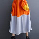 Loose Puff Sleeves Contrast Color Pleated Split-Joint Lapel Midi Dresses Shirt Dress