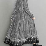 Vintage Loose Striped Buttoned Stand Collar Long Sleeves Midi Dress