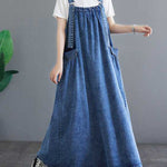 A-Line Loose Pleated Pockets Split-Joint Spaghetti-Neck Maxi Dresses Suspender Dress