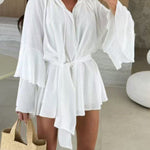 Flared Sleeves Loose Lace-Up Pleated Solid Color Split-Joint Tiered Round-Neck Mini Dresses