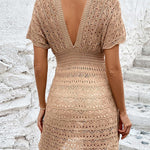 Loose Short Sleeves Hollow See-Through Solid Color Deep V-Neck Mini Dresses