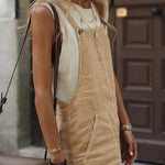 Parchment Side Buttons Sleeveless Overall Mini Dress