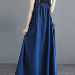 A-Line Loose Pleated Pockets Split-Joint Spaghetti-Neck Maxi Dresses Suspender Dress