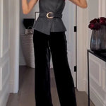 Fashionable and Avant-garde Faux Leather Belted Strapless Asymmetric Top