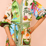 Margovil Lantern Sleeves Tie Waist Cotton Linen Resort Print Shirt Dress
