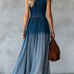 V-neck Denim Patchwork Chiffon Sleeveless Maxi Dress