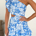 Margovil One Shoulder Cut Out Floral Print Ruffle Mini Dress