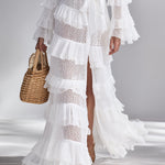 Women's Crisp White Crochet Knit Cardigan With Deep V-Neck & Layered Ruffles, Timeless Bohemian-Glam Style Cardigan