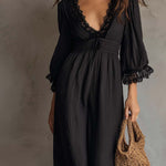 Vintage V-neck Lace-trimmed Cotton Linen Jumpsuit
