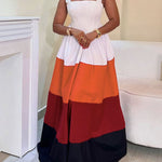 A-Line High Waisted Contrast Color Pleated Pockets Tied Zipper Spaghetti-Neck Maxi Dresses