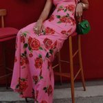 Cheongsam Style Rose Floral Print Tiered Flare Sleeve Stretch Maxi Dress
