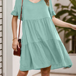 A-Line Flared Sleeves Pleated Pockets Ruffled Solid Color Split-Joint Round-Neck Mini Dresses