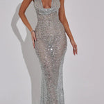 Shine All Night Sheer Sequin Cowl Neck Halter Maxi Dress
