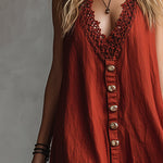 Vintage And Charming Red Cotton And Linen Sleeveless Maxi Dress
