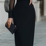 High-Neck Sheer Sleeve Tailored Midi Dress