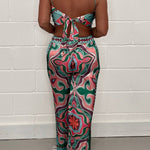 Fashion print suspenders open back tie top + straight pants set