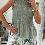 Charming Body Linen Blend Smocked Detail Frill Sleeve Blouse