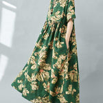 Half Sleeves Loose Flower Print Pleated Pockets Round-neck Midi Dresses