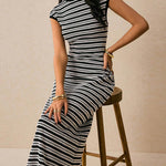 Sleeveless Contrast Color Split-Joint Striped Round-Neck Midi Dresses