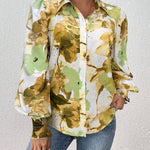 Long Sleeves Loose Buttoned Elasticity Flower Print Pleated Lapel Blouses&Shirts Tops