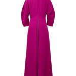 Long Sleeves Loose Pleated Solid Color Split-Joint Tiered Round-Neck Maxi Dresses