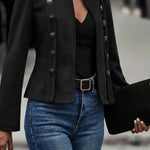 Stand Collar Open Front Button Decor Jacket