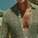 Men's Retro Casual Hollow Knit Lapel Long Sleeve Shirt