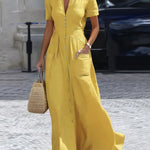 High Waisted Short Sleeves Buttoned Pleated Pockets Solid Color Split-Joint Lapel Maxi Dresses