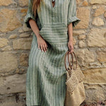 Ladies cotton and linen yarn-dyed striped loose dress